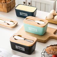 Beurrier en céramique de 500 ml pour la cuisine, ensemble de récipients rectangulaires pour le stockage du beurre avec couteau et couvercle en bambou.