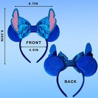 Serre-tête motif Stitch avec oreilles bleues et nœud à sequins, bandeau mignon de dessin animé pour femmes et filles