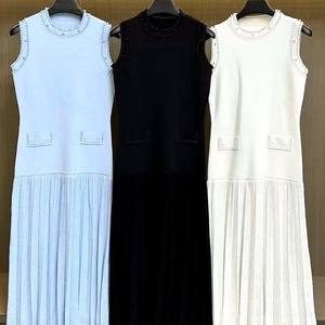 <span class=keywords><strong>Abito</strong></span> a girocollo senza maniche <span class=keywords><strong>plissettato</strong></span> lungo fino al pavimento <span class=keywords><strong>in</strong></span> stile francese stampa digitale solido primavera estate lavorato a <span class=keywords><strong>maglia</strong></span> da donna - Product Image 3