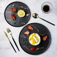 Siyah porselen levha çin masa gereçleri 2021 yeni tasarım altın çizgi restoran seramik yemek tabakları yuvarlak tabak seramik sofra
