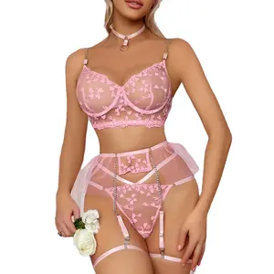 wholesale young teens mesh costume in sexy underwear lingerie g-string with hearts embroidery women transparent babydoll