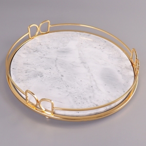 Großhandel Marmor Kreis Lebensmittel Anzeige Tablett Vintage Marmor Ramadan Kerze Schmuck Uhr Lagerung Serviert ablett mit Gold griff - Product Image 3