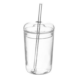 Custom Logo Hand-blown 450ml High Borosilicate Glass <b>Cup</b> with Glass Lid and Straw <b>Reusable</b> Dishwasher & Microwave Safe - Product Image 1