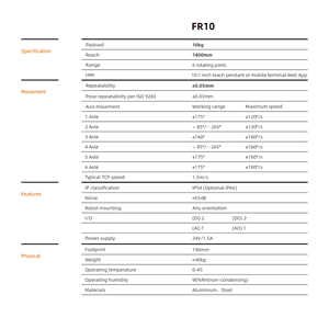 หุ่นยนต์ร่วมปฏิบัติงาน FR10 แบบ 6 แกน รองรับน้ำหนักได้ 10 กก. ระยะเอื้อม 1400 มม. ความเร็ว TCP 1 ม./วินาที ความแม่นยำ 0.02 มม. พร้อมคอนโทรลเลอร์ที่ตั้งโปรแกรมได้ - Product Image 3