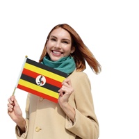 Bendera Tangan Uganda Custom 14x21cm Cetak Sublimasi Grosir Tongkat Kayu Bebas Serpihan Mini Spanduk Kibaran Dekorasi Oktober