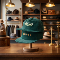 Casquette 5 panneaux en velours côtelé vert non structurée avec logo personnalisé, style vintage, souple, réglable, snapback, hip-hop, pour l'extérieur, vente en gros