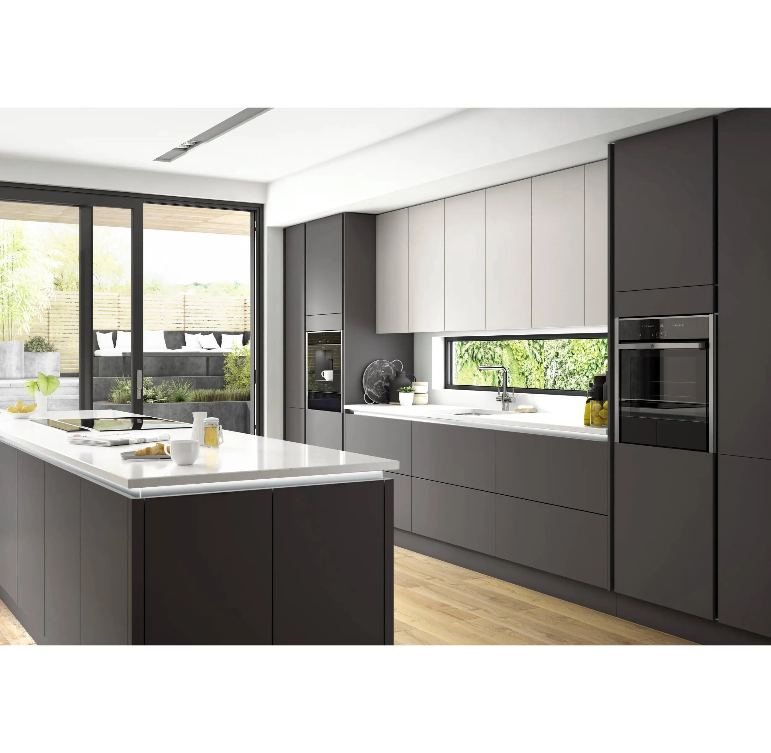 2023 Australia Home Project 2 Tone Color Combination Simple I Shape Grey MDF Lacquer Wood Kitchen Cabinet Modern Design