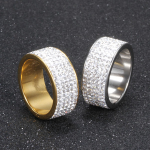 <b>Crystal</b> <b>Rings</b> 8MM Five Row Diamond Encrusted Stainless Steel Wedding <b>Rings</b> For Women Steel Gold Color - Product Image 2
