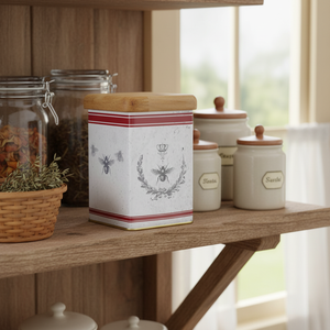 Kontensan ER2175O 90x90x125mm Recyclable Square Metal Tin Container 0.9L Wooden Lid <b>Bee</b> Laurel Elegance Housefly Design Vintage - Product Image 3