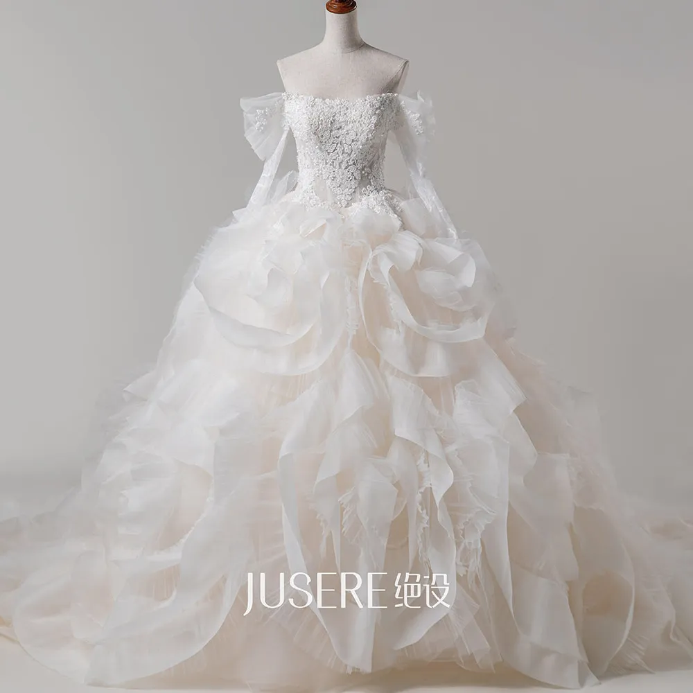 Jusere 2022 Sweetheart Wedding Gown Lace Applique Custom Made Long Sleeves Ball Gown Ruffles Vestido de Novia Bridal Dress