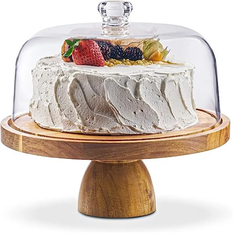 Cake Display Server Tray for Kitchen Cake Stand with Wood with Base Clear Acrylic Dome Lid Turntable Cake Stand