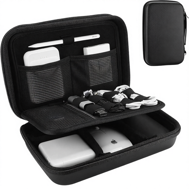 Microfiber Black Hard Travel Electronic Organizer Case for MacBook Power Adapter Chargers Cables Power Bank Magic Mouse