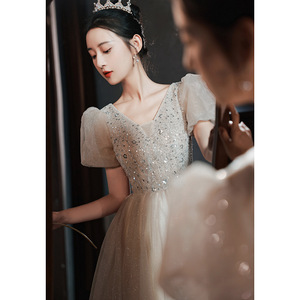 Evening Gown Women Champagne Mid Length V Neck Puff Sleeve A Line Empire Waist Vintage Style Hostess Dress - Product Image 4