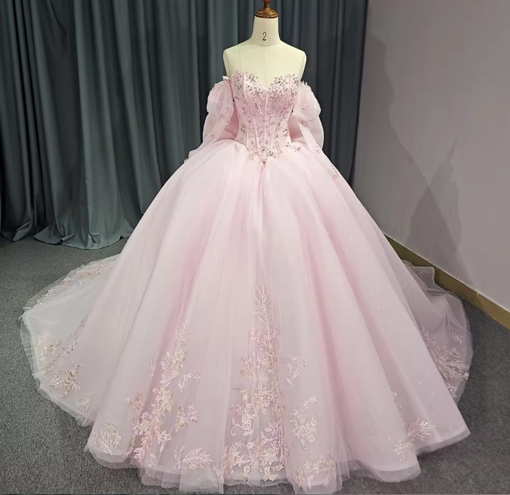 QD1640 Boho Pink Lace-up Quinceanera Gown - Elegant & Modest