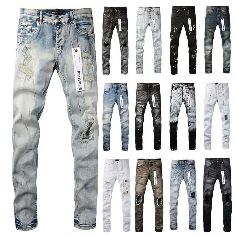 High Quality Designer Ripped jeans streets styles purple brand jeans ripped men's purple jeans