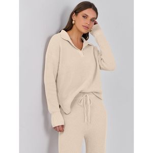 FOXA Women Waffle Knit <b>Sweater</b> <b>Set</b> Full Sleeve Matching Wide Leg Pants Casual Autumn Outfit Anti Pilling Knitted Tracksuit - Product Image 3