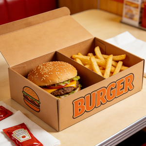 Kişiselleştirilmiş Özel Baskılı Logolu Çevre Dostu Biyobozunur Fast Food Kalitesinde Oluklu Mukavva Ambalaj Hamburger Patates Kızartması Kutusu - Product Image 1