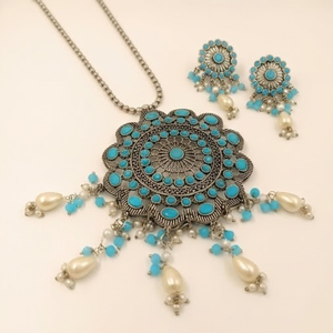 DIVYORO Oxidized Silver Turquoise <b>Blue</b> Stone Floral Pendant <b>Necklace</b> Earrings Set Elegant Designer Statement Party Anniversary - Product Image 3