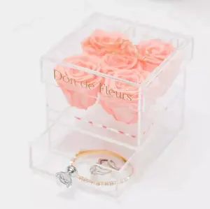 Caixa de acrílico com 5 rosas, caixa de flores acrílica decorativa com gaveta perfeita para dia dos namorados, caixa de flores de acrílico para decorar