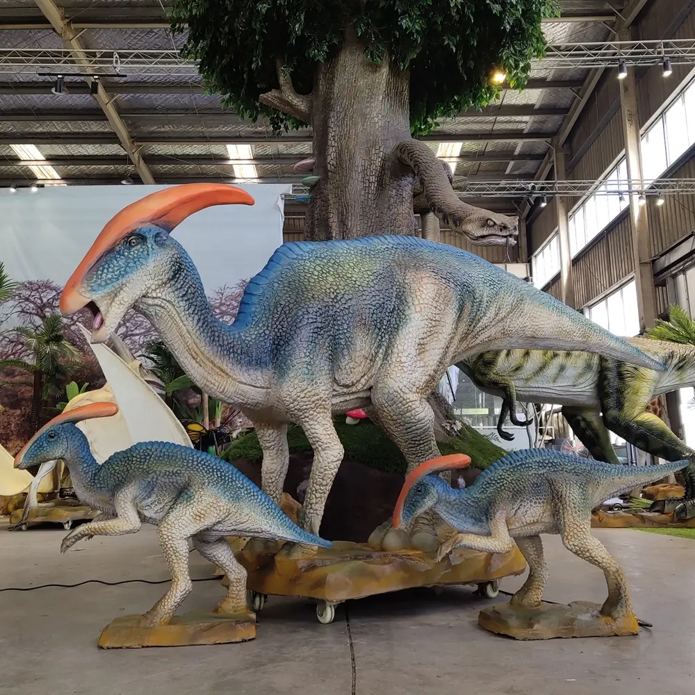 Mundo jurássico decoração tamanho de vida estátua de dinossauro animatronic dinossaurios guarda-aurólio com 2 bebês pequenos