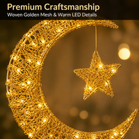 Guirlande lumineuse LED dorée à paillettes en fil de fer, motif lune et étoile, avec boîte à piles, lumière chaude, durable pour usage intérieur, pour Ramadan et Aïd