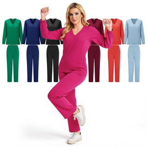 Women <b>Scrub</b> Suit Set Long Sleeve V Neck Knitted Moisture Wicking Hospital Uniforms Split Set For Medical Work Winter Wear - Product Image 2
