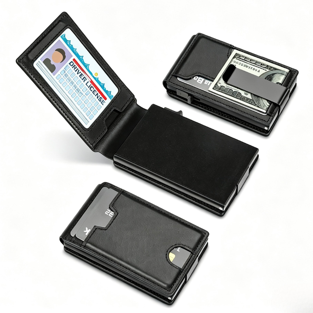 Hot Sale Aluminum Card Holder Metal Money Clip Wallet for Men RFID Blocking Slim Carbon Fiber Leather Pop up Bifold Mens Wallet