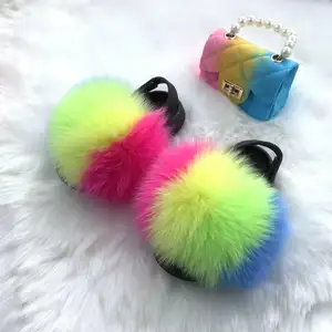 2022 Designer Custom Wholesale Winter Luxury Fluffy colorful Baby Girl Wool Toddler Rainbow Flat Fur Slides With Purse Set Kids