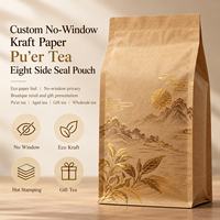 Sachet personnalisé en papier kraft sans fenêtre pour thé Pu'er, scellé sur huit côtés avec marquage à chaud, pour la vente au détail et en gros