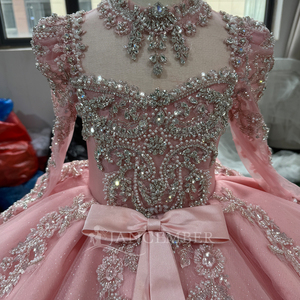 Robe de Quinceañera de luxe rose Mc037, robe de demoiselle d'honneur, corset perlé argenté, robe de bal illusion, appliques en dentelle, Sweet 15 Jancember - Product Image 5