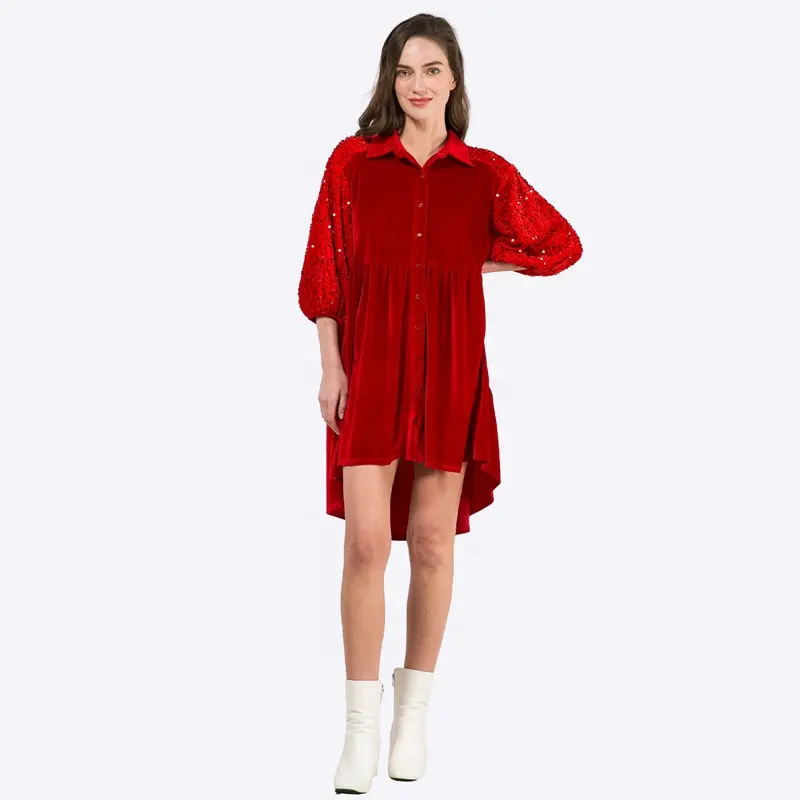 Wholesale Customized Puffy Half Sleeve with Sequins Buttons Velvet Elegant Irregular Dresses for Women