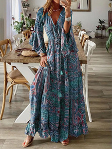 Europa und Amerika Simian Style Kleid Trompeten ärmel Druck V-Ausschnitt Kleid mit hoher Taille Holiday Floral Dress - Product Image 4