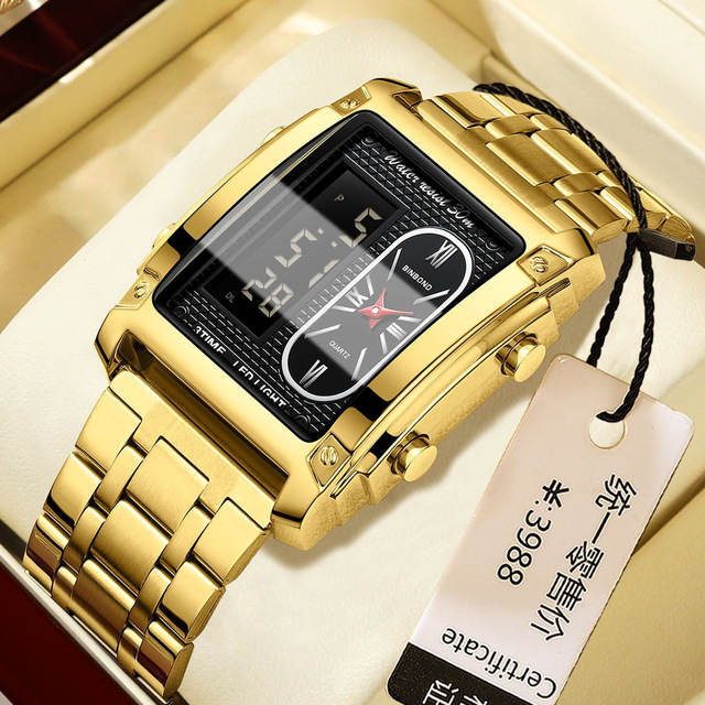 Multi Function Men Watch Dual Time Analog Digital Display 30M Waterproof LED Backlight Alarm Stainless Steel Square Quartz Watch