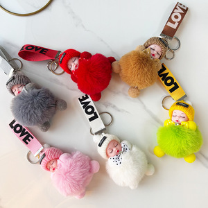 Sweet Cute Sleeping Baby Doll Keychain Pom Pom <b>Rabbit</b> Fur Ball Key Chain Fluffy Car Key Ring Bag Charm Gift Plush Fur Key Chains - Product Image 3