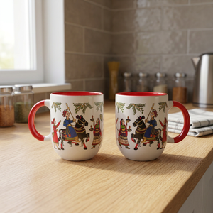 Tazas de Café de Cerámica Tradicionales Chinas, Diseño de Jinete, Cuerpo Blanco con Asa Roja, Juego de Tazas Duraderas - Product Image 2