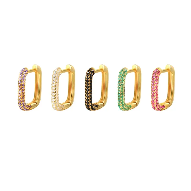 Luxury Earrings Women 18k Gold Plated Geometric Square Colourful Diamond Zirconia Clip On Earrings Non Pierced