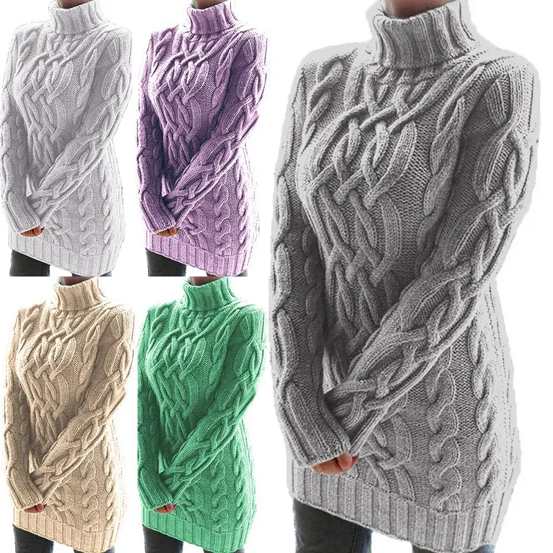 Solid Color Turtleneck Retro Twist Chunky Pullover Sweater Dress Women's Long Sleeve Slim Knitted Women Sweater Tops