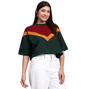 Camiseta Corta de Mujer con Bloques de Color, Cuello Redondo, Manga Corta, Ajuste Holgado, Informal, Verde, Rojo, Naranja, Tejida, Primavera Verano - Product Image 4