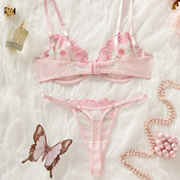 Ensemble de lingerie en maille brodée rose pour femme, soutien-gorge push-up à armatures et culotte, sous-vêtements à fines bretelles tendance, vente en gros