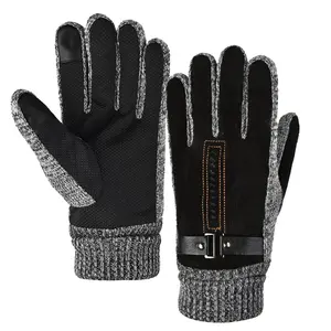 Mens Winter Warm Thick Plush Inside Woolen Yarn Screen Touch Driving Leather Gloves