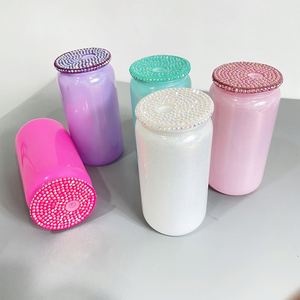Custom Rhinestone Lids 16Oz Soda <b>Beer</b> Can Sublimation Blank Colored Borosilicate Glitter 16 Oz Glass Cups With Bling Lid - Product Image 2