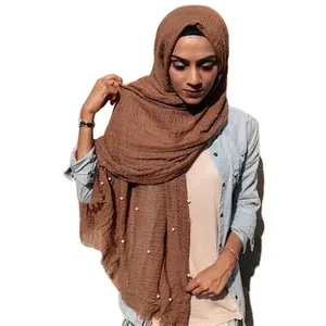 OEM Syal Pemasok Kerut Ringan Mutiara Gauzy Koleksi Warna Solid Tenunan Wanita Jilbab Syal Katun
