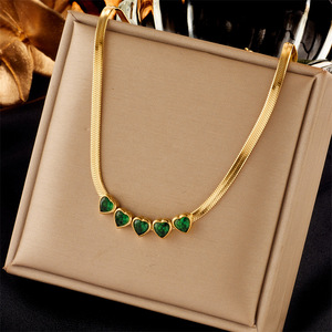 European American Fashion Heart Shape Green Stone Snake Chain Necklace Gold Zinc Alloy Gift Jewelry - Product Image 1