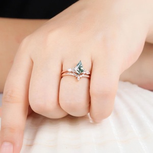 925 <strong>Sterling</strong> <strong>Silver</strong> Vintage Kite Cut Moss Agate Diamond Engagement <strong>Ring</strong> <strong>Set</strong> 14k Rose Gold Green Moss Agate Wedding Bridal <strong>Set</strong> - Product Image 3