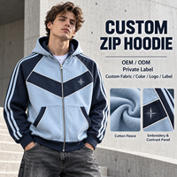 Sweat à capuche personnalisé en coton molletonné avec empiècements contrastants et broderie, fermeture éclair intégrale, pour homme, style streetwear