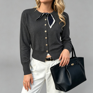 Novo Suéter Cardigã Feminino de Tricô Gola Redonda Macio Estilo Coreano 2026 com Cachecol, Manga Longa Oversized, Elegante e Chique, Personalizado OEM ODM - Product Image 2