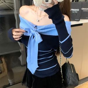 Customizable Elegant <b>Off</b>-Shoulder Women's Sweaters Anti-Wrinkle Color Block <b>Striped</b> Tops Bow Breathable for Winter Front - Product Image 6