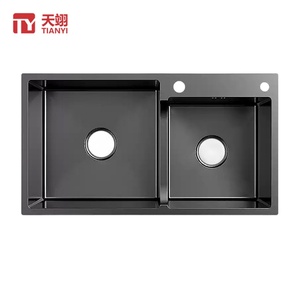 Évier de cuisine en acier inoxydable noir nano, fait main, rectangulaire, double bac, deux trous, installation à l'avant, vente en gros - Product Image 1