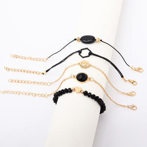 Beaded Bracelets <b>Set</b> Rose <b>Gold</b> Plated Geometric Black Stone Women's Fashion Jewelry Gift - Product Image 3