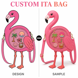Sac Ita personnalisé en forme de <span class=keywords><strong>flamant</strong></span> <span class=keywords><strong>rose</strong></span>, <span class=keywords><strong>rose</strong></span> vif, en similicuir texturé, avec œil en perles noires, bec <span class=keywords><strong>rose</strong></span> et noir, fenêtre circulaire, sac à dos de jour avec attache pour épingles - Product Image 1